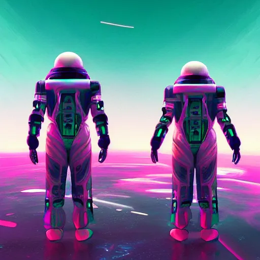 Prompt: “new cosmos frontiers, two people in futuristic spacesuits one of them pointing to the horizon, vaporwave style highly motivating, high details, top ArtStation”