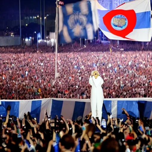 Image similar to Lady Gaga as president, Argentina presidential rally, Argentine flags behind, bokeh, giving a speech, detailed face, Argentina