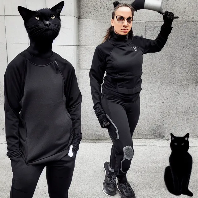 Image similar to a black cat wearing techwear, stylish, instagram, fashion design