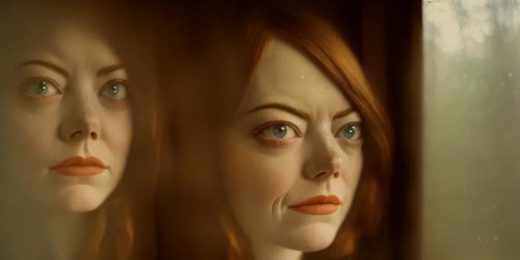 Image similar to portrait bust of emma stone, solemn expression, faded color film, russian cinema, tarkovsky, kodachrome, old cabin, next to window, heavy forest outside, long brown hair, old clothing, heavy fog, hudson river school, 4 k, dramatic lighting, greg rutkowski