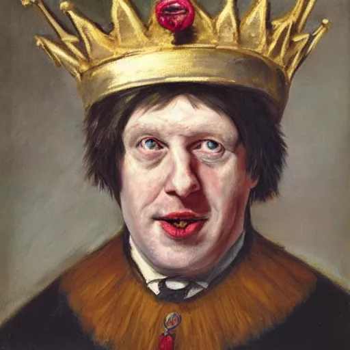 Image similar to boris johnson, wearing a crown, making a silly face, oil painting by jan matejko