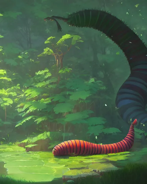 Prompt: a giant caterpillar taking a bath in a spring with lush vegetation around, cory loftis, james gilleard, atey ghailan, makoto shinkai, goro fujita, character art, rim light, exquisite lighting, clear focus, very coherent, plain background, soft painting