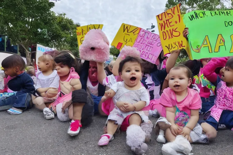 Image similar to babies protesting in front of a daycare center