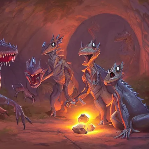 Prompt: a group of lizard-like kobolds digging in a tunnel by torchlight, dungeons & dragons artwork by Artgerm, Don Bluth