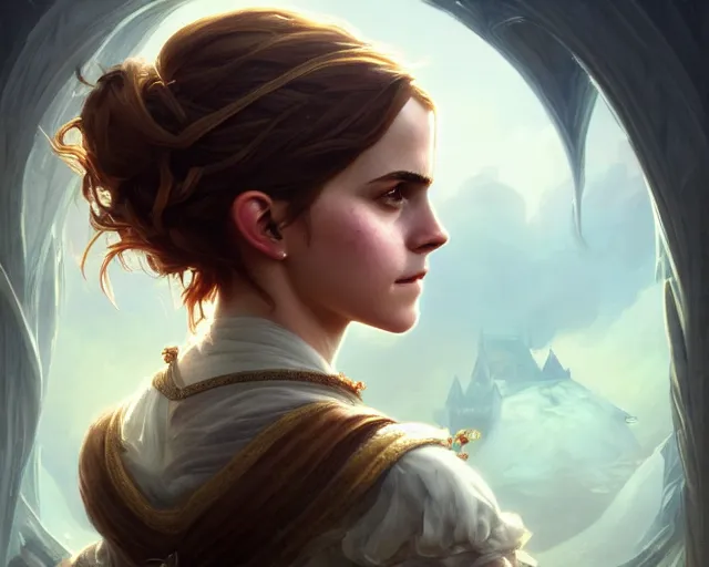 Image similar to photography of emma watson, deep focus, d & d, fantasy, intricate, elegant, highly detailed, digital painting, artstation, concept art, matte, sharp focus, illustration, hearthstone, art by artgerm and greg rutkowski and alphonse mucha