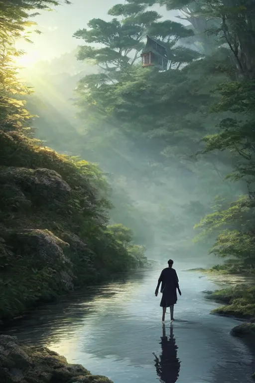 Image similar to a wholesome cottagecore illustration of a man walking on the backs of a river with his shadow flowing behind, studio Ghibli, Pixar and Disney animation, sharp, Rendered in Redshift and Unreal Engine 5 by Greg Rutkowski, Bloom, dramatic lighting