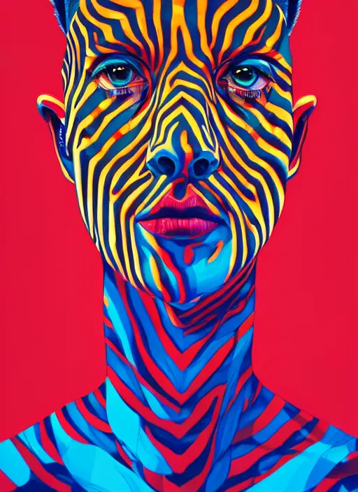 Prompt: red and blue zebra pattern, psychedelic color theme, beautiful hyperrealisitic portrait of burning police officer, tristan eaton, victo ngai, artgerm, rhads, ross draws