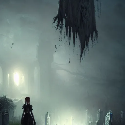 Prompt: kerli koiv the craft standing in a cemetery, gothic, darkwave, darksynth, concept art, sharp, digital matte painting, art by greg rutkowski, wlop, dramatic lighting, trending on artstation