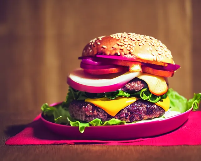 Image similar to dslr food photograph of burger with a pink raw patty in it, 8 5 mm f 1. 4