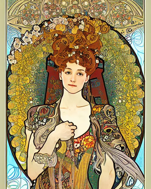 Image similar to a combination of the art styles of Alphonse Mucha and Gustav Klimt
