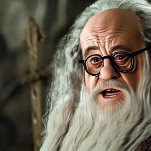 Image similar to danny devito starring as gandalf the white in the 2 0 2 4 lord of the rings movie, full body, hyper realistic, high quality, wide angle, always sunny in philadelphia