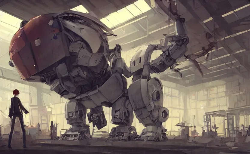 Prompt: a huge broken robot standing in a mess warehouse, artstation, studio ghibli, miyazaki, highly details