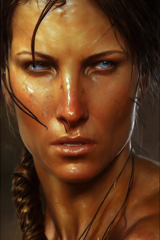 Prompt: muscular sweat lara croft, face close up, ambient occlusion, highly detailed painting by gaston bussiere, craig mullins, j. c. leyendecker 8 k