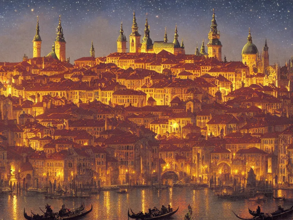 Image similar to a view of an ancient medieval castle city resembling prague castle and venice at night with a sky full of stars, intricate, elegant, highly detailed, digital painting, artstation, concept art, smooth, sharp focus, colored illustration for tattoo, art by thomas kincade and alphonse mucha,