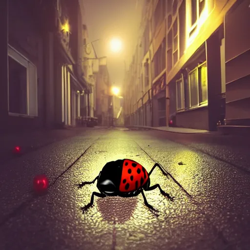 Prompt: a ladybug with six legs and a black head crawling on a sidewalk, it is night and raining, bushes in the background, street lamps are illuminating the street, moody lighting, peaceful atmosphere, digital art, highly detailed, high contrast, beautiful lighting, award winning, trending on art station, 8 k,