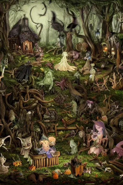 Prompt: a witch's atelier in a dark forest, with several broken statues of animals, HD, 4k, 8k, incredibly detailed, intricate, ominous, masterpiece,