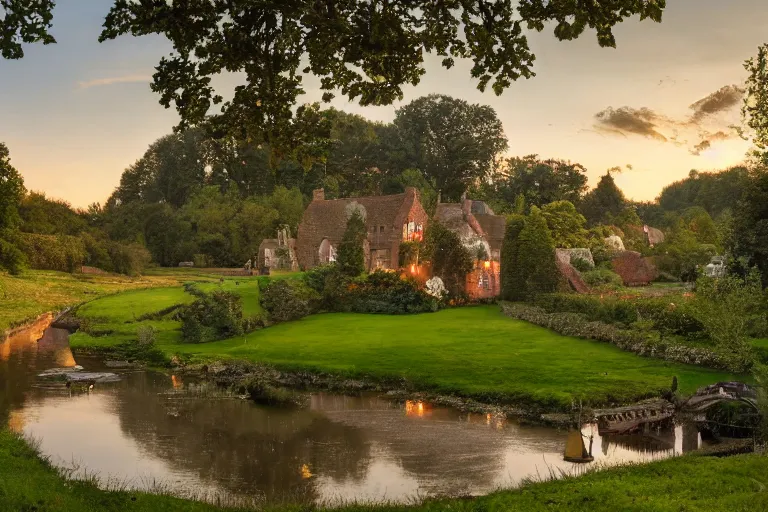 Image similar to landscape photography, realistic photo of a tudor style detached house, a river flowing through the scene, arched bridge, riverboat in the foreground, dusk