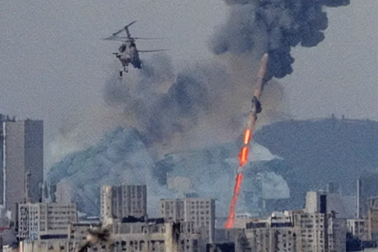 Image similar to militarily helicopter firing missiles smashes through high rise window, explosions, by Michael Bay