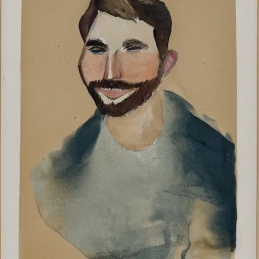 Image similar to a portrait of a caucasian man with wavey short hair, friedly smile, layered paper, muted color palette