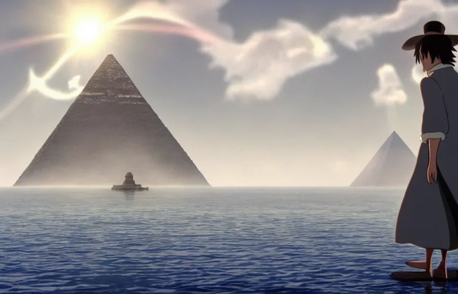 Image similar to a cell - shaded cartoon movie still from howl's moving castle ( 2 0 0 4 ) of a monk in a grey robe. in the background is a white pristine pyramid in the ocean. shafts of sunlight come from above. wide shot, very dull muted colors, hd, 4 k, hq