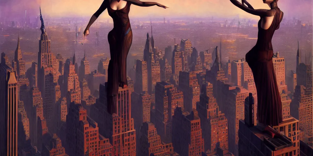 Prompt: a woman standing on a ledge overlooking an axonometric 1920s New York City at dawn, by Rolf Armstrong and Evelyn De Morgan and Bastien Lecouffe-Deharme, dramatic lighting, high contrast colors, baroque, empyrean, panoramic view, as trending on Artstation, highly detailed, cryengine,