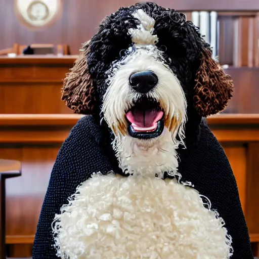 Image similar to a closeup photorealistic photograph of a smiling knitted bernedoodle judge dog dressed in a black gown, presiding over the courthouse. indoors, professional capture, well lit shot. this 4 k hd image is trending on artstation, featured on behance, well - rendered, extra crisp, features intricate detail, epic composition and the style of unreal engine.