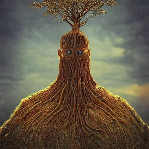 Prompt: golden hour, tilt shift, 1 9 1 2 wwi, golden tree made of! eyes, thick clouds behind, 3 5 mm, colorized tintype photo, dystopian environment, intricate, highly detailed, centered headdress, digital painting, artstation, concept, smooth, sharp focus, illustration, artgerm, by zdzisław beksinski