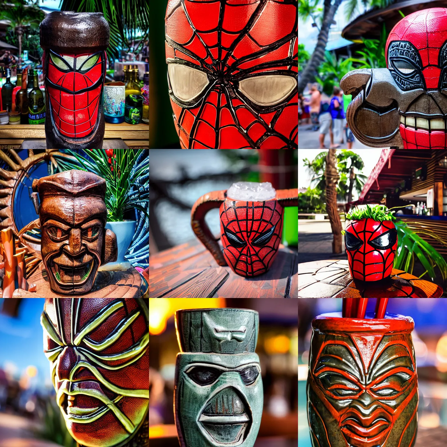 Prompt: a closeup photorealistic capture of glossy spider man style tiki mug at an outdoor trader vic's bar featuring the face of spider man. tiki party. bright scene. fine detail. this 4 k hd image is trending on artstation, featured on behance, well - rendered, extra crisp, features intricate detail, epic composition and the style of unreal engine.