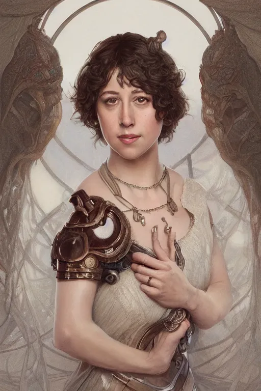 Prompt: ultra realistic illustration, kristen schaal from diablo, intricate, elegant, highly detailed, digital painting, artstation, concept art, smooth, sharp focus, illustration, art by artgerm and greg rutkowski and alphonse mucha