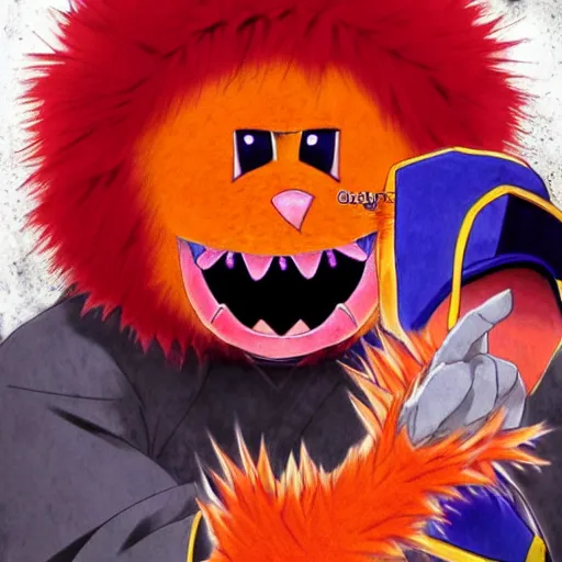 Image similar to violent anime Portrait of Youppi the Habs Montreal Canadiens Mascot as a very sad and menacing pokemon, giving the finger, flipping the crowd, highly detailed anime, nightmarish high evolution, 1993, legendary, smooth, sharp focus, dynamic lighting, intricate, trending on ArtStation, shiny Youppi as suprised pikachu, illustration pokemon, art by WLOP