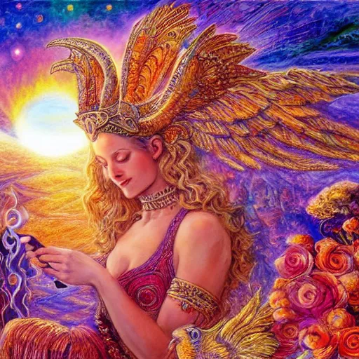 Image similar to goddess by josephine wall, sitting on flying golden ram, checking her phone, erupting volcano in distance, flowers in foreground, sun setting on right side of image, stars in sky on left side of image, trending on artstation, fantasy, intricately detailed