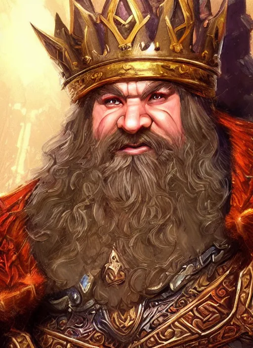 Image similar to dwarven king wearing crown, ultra detailed fantasy, dndbeyond, bright, colourful, realistic, dnd character portrait, full body, pathfinder, pinterest, art by ralph horsley, dnd, rpg, lotr game design fanart by concept art, behance hd, artstation, deviantart, hdr render in unreal engine 5