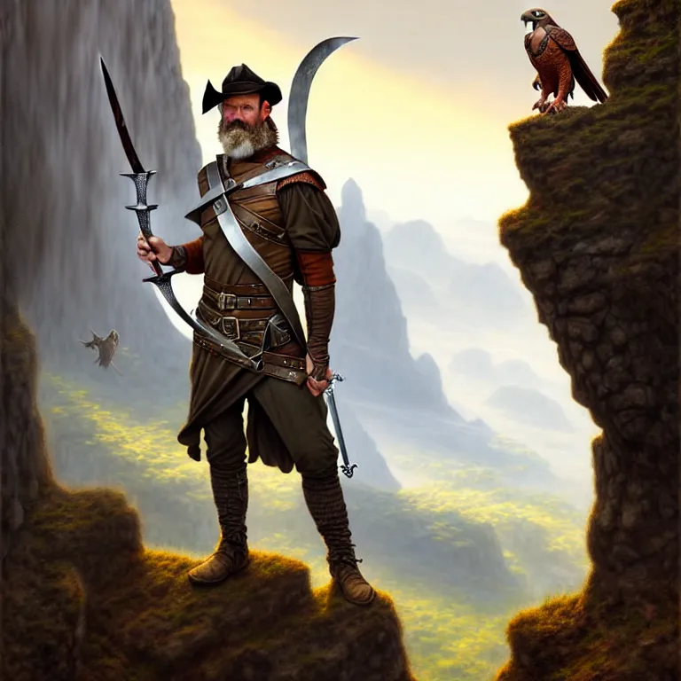 Image similar to middle age ranger with rugged expressions falcon pet on his shoulder holding a high detailed long sword, top a cliff observing old ruins of a castle, elegant clothing, photorealistic render, matte painting, highly detailed, artstation, smooth, sharp focus, art by michael whelan, artgerm, greg rutkowski