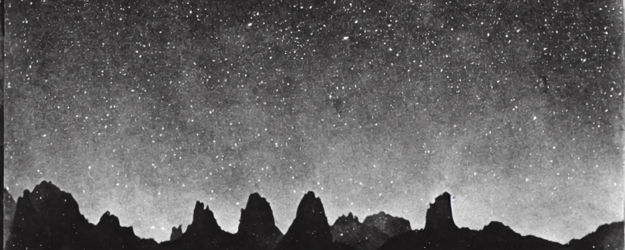 Image similar to 1920s photography historical photo of nightsky, but stars are circles, roots growing in the sky, in the dolomites