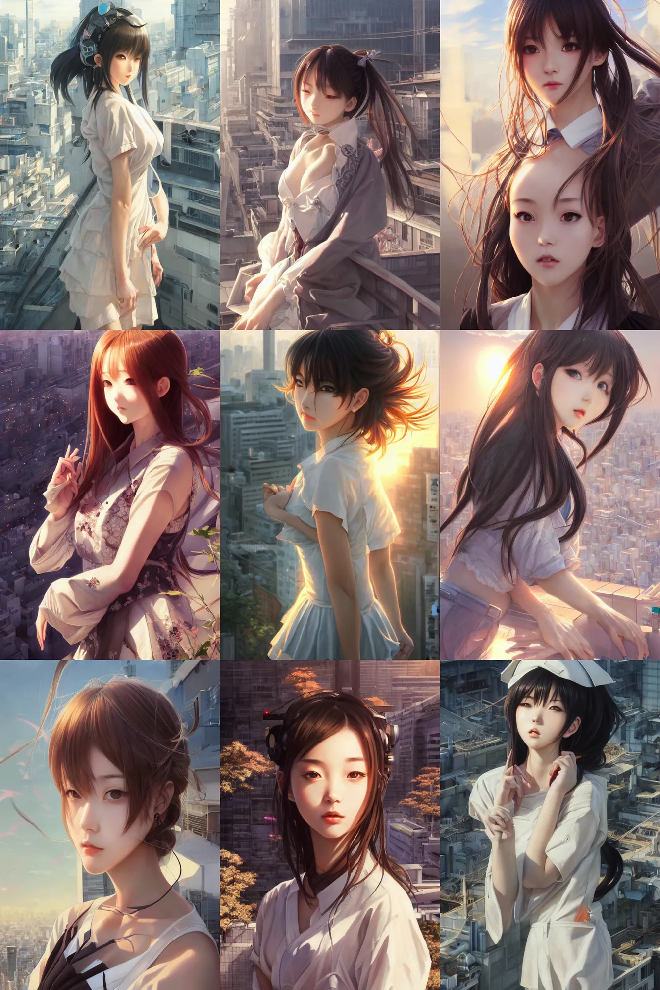 Prompt: ultra realistic beautiful tokyo rooftop techno art, beautiful alluring anime schoolgirl, gorgeous face and figure, sci - fi, intricate, elegant, highly detailed, digital painting, artstation, concept art, smooth, sharp focus, illustration, beautiful sunlight and shadows, art by tian zi and yuxiang chen and alphonse mucha