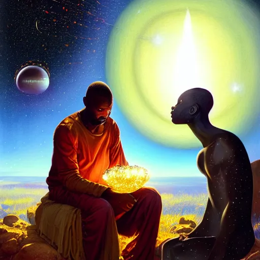 Image similar to an african psychic reading his crystal ball under a meteor shower, greg rutkowski and android jones and amanda sage, oil on canvas, 8k