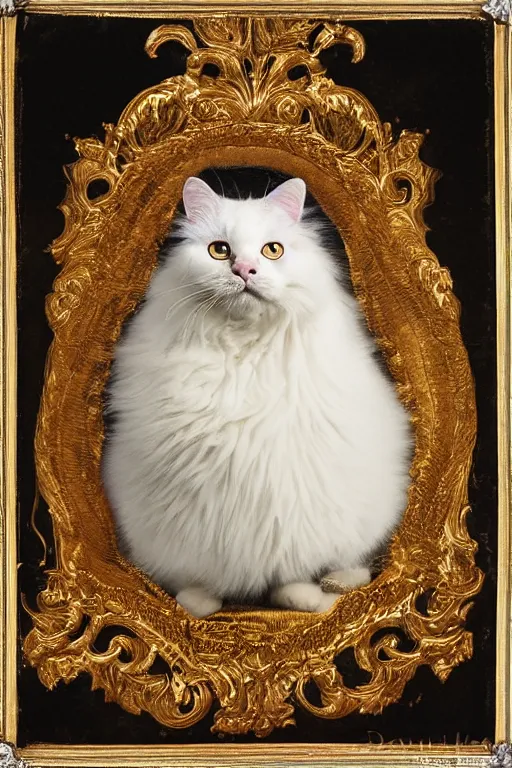 Image similar to a magnificent tintype portrait of a fluffy fat cat on an embroidered velvet cushion on a neo - rococo gilded little bed with precious stones, ball of yarns all around, by david lachapelle, photorealistic, photography, wide shot, silly looking