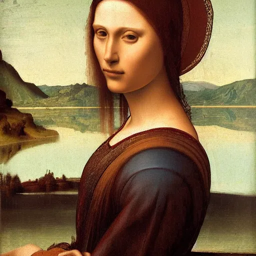 Image similar to portrait of a beautiful woman at a lake, oil painting by Da Vinci