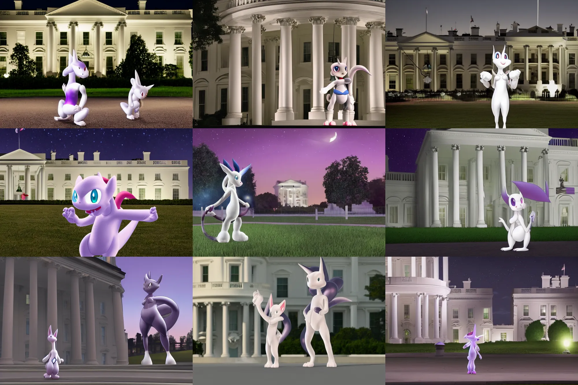 Prompt: nighttime shot of secret agent mewtwo from pokemon wearing double ballgown standing in front of white house looking at camera high resolution pixar