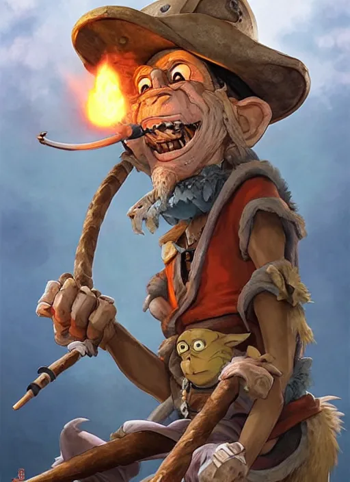 Prompt: studio ghibli pathfinder 2 e bestiary illustration of a goblin mixed with a monkey smoking a cigar, pirate themed, character portrait, unreal engine, hyper realism, realistic shading, cinematic composition, realistic render, octane render, detailed textures, photorealistic, wide shot