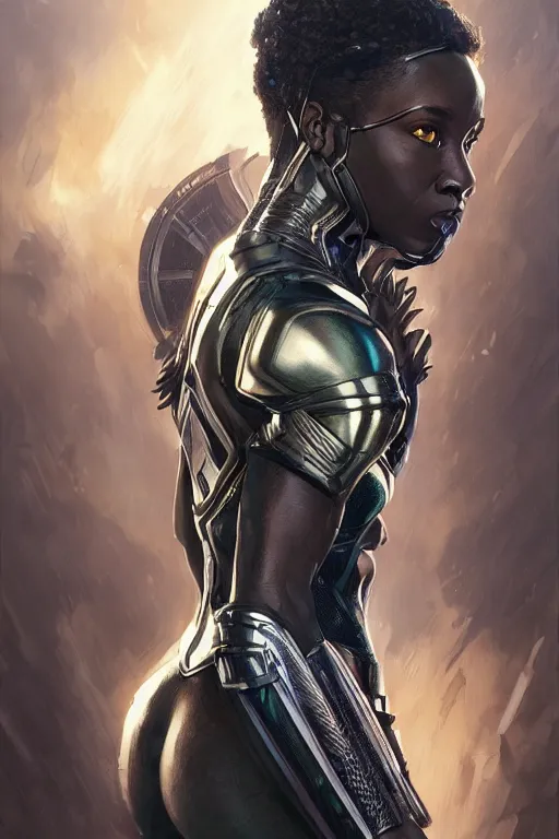 Image similar to ultra realistic illustration of wakandan warrior, hacknaut cyberpunk, sci - fi, fantasy, intricate, elegant, highly detailed, digital painting, artstation, concept art, smooth, sharp focus, illustration, art by artgerm and greg rutkowski and alphonse mucha