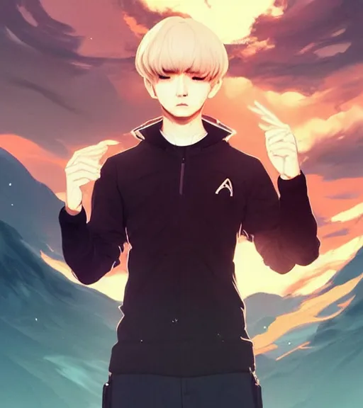 Image similar to : + aesthetic portrait commission of a of ACCURATE YOONGI YOONGI YOONGI is SPOCK + VEINY HANDS + hyperdetailed face at golden hour, safe for work (SFW). Character design by charlie bowater, ross tran, artgerm, and makoto shinkai, detailed, 2021 award winning film poster painting