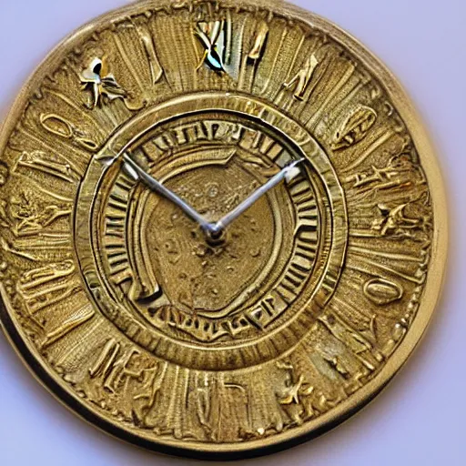 Image similar to a gold coin with a clock face printed on it, complex, high detail, close up