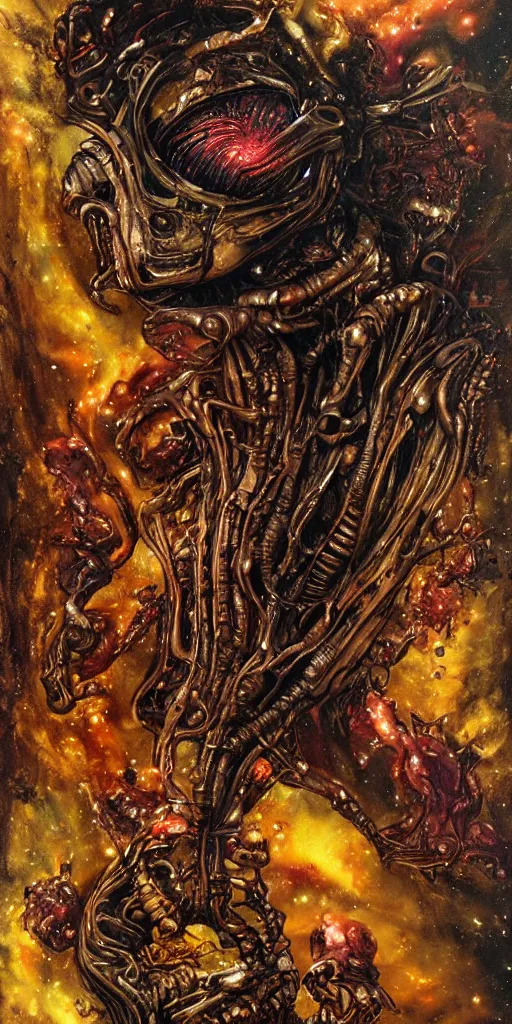 Image similar to oil painting scene from Alien 2 movie Giger with melting gold, colorful glow flowers, nebula background art by kim jung gi