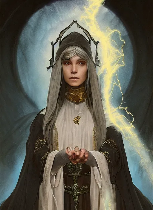 Image similar to medium - length portrait of a wizard, arcane sigils hovering over her hands, with long white hair and glowing blue eyes, dark brown skin, stern expression, wears a long robe, medieval setting, dramatic pose, highly detailed, digital painting, artstation, concept art, sharp focus, illustration, art by greg rutkowski and alphonse mucha