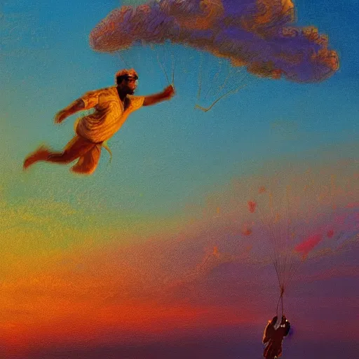 Image similar to arab man with curly hair skydiving alone, centered, pastel colors, peaceful, impressionist painting, figurative painting, intricate details, sunset