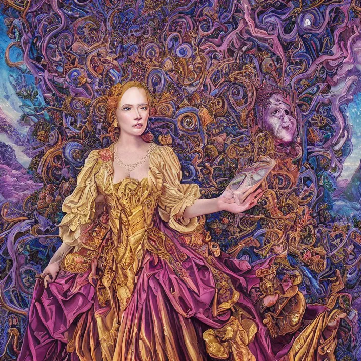 Prompt: beautiful oil painting, full length portrait of dauphinois in baroque coronation robes 1701, Dan Mumford, Dan Mumford, Alex grey, hyacinthe rigaurd, highly detailed , lsd visuals, dmt fractal patterns, hallucinogen, visionary art, psychedelic art, ornate, vaporwave, baroque, Greg rutkowski