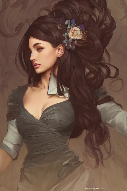 Image similar to evil cottagecore Ariana Grande , business chic attire, office setting, intricate, elegant, highly detailed, digital painting, artstation, concept art, smooth, sharp, focus, illustration, art by artgerm and greg rutkowski and alphonse mucha