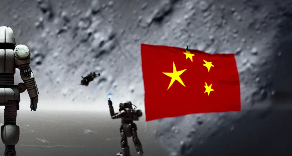 Image similar to space war between china and usa, desaturated, moebius, china flag, usa flag, complementing colors, maschinen krieger, beeple, film, atmospheric perspective