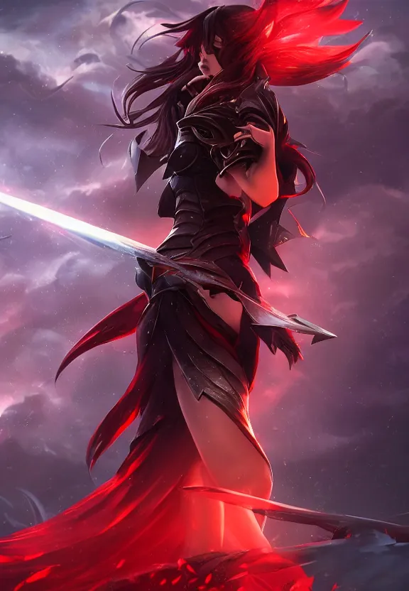 Prompt: a beautiful fierce long black haired woman wearing red dress wielding black sword posing heroically, heavenly moonlit clouds background, close up shot, league of legends style, splash art, highly detailed, vray, artstation, extremely detailed woman, stunning volumetric lighting, hyper realism, fantasy 4k